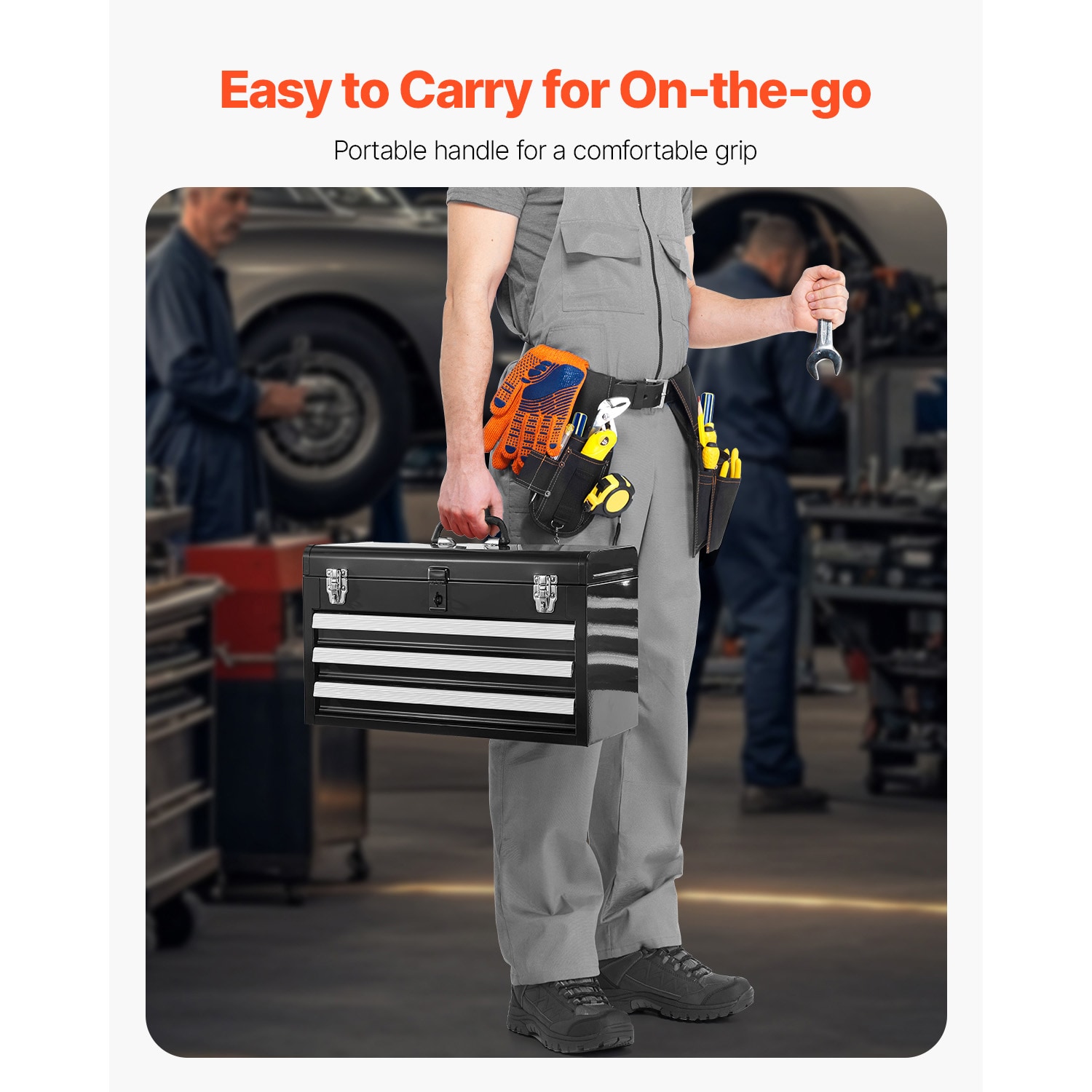 Tool Box 20.5-inch Portable Metal Tool Box With 3 Drawers Tool Organizer Black_voghion.com